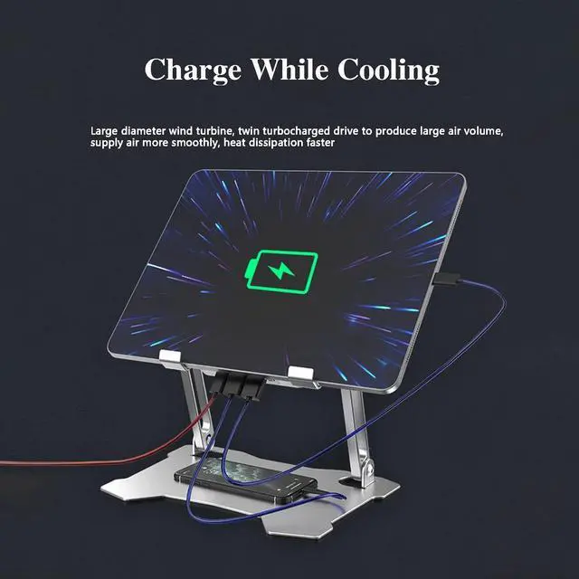 Alt view image 3 of 7 - Eiyikof Adjustable Laptop Stand Riser with 4 Cooling Fans and USB Hub, Tablet Stand Compatible with IPAD,/IPAD PRO,E-Book, Laptop/Notebook Office Desk Stand, Aluminum Alloy Laptop Radiator-Sliver