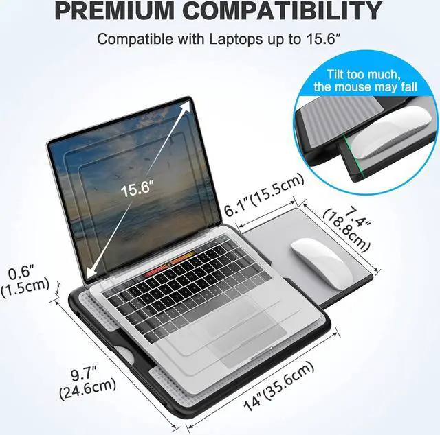Alt view image 2 of 7 - AboveTEK Portable Laptop Lap Desk w/Retractable Left/Right Mouse Pad Tray, Non-Slip Heat Shield Tablet Notebook Computer Stand Table w/Sturdy Stable Cooler Work Surface for Bed Sofa Couch or Travel