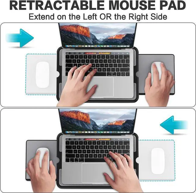 Alt view image 3 of 7 - AboveTEK Portable Laptop Lap Desk w/Retractable Left/Right Mouse Pad Tray, Non-Slip Heat Shield Tablet Notebook Computer Stand Table w/Sturdy Stable Cooler Work Surface for Bed Sofa Couch or Travel