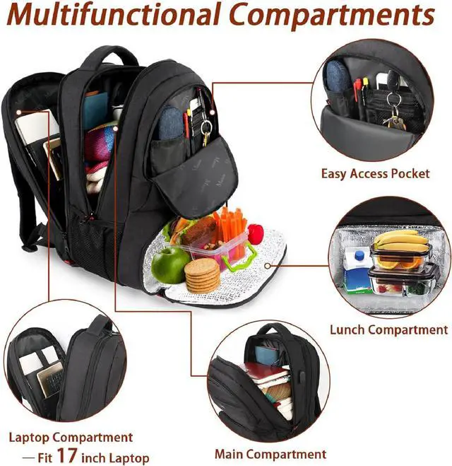 Alt view image 3 of 7 - MATEIN School Lunch Backpack, 17 Inch Laptop College School Bookbag with USB Charging Port, Water Resistant Insulated Cooler Lunch Backpack Lunch Box Student Bookbag for School Picnic Travel, Black