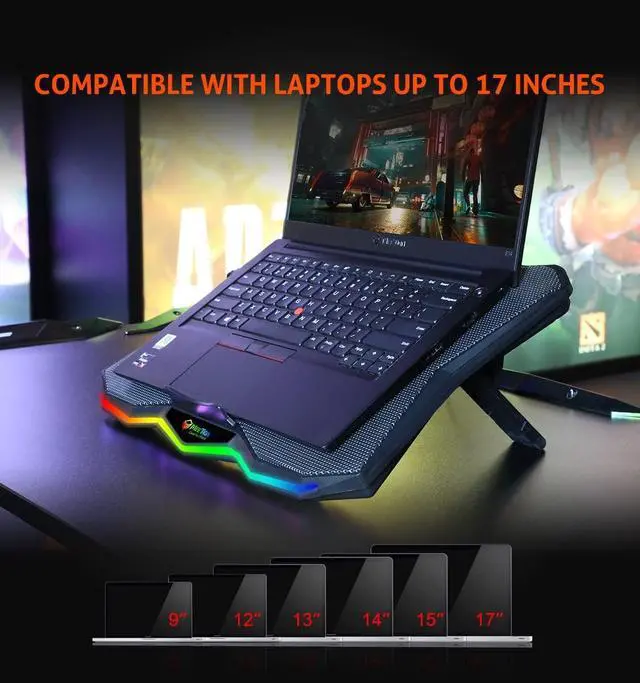 Alt view image 3 of 7 - MEETION Laptop Cooling Pad, RGB Laptop Fan Cooling Pad 15-17.3 Inch, Laptop Cooler Stand with 7 Height Adjustable, Cooling Pad for Laptop with Two USB Port + Light Switch