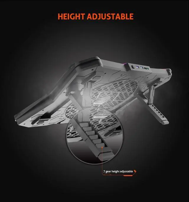 Alt view image 5 of 7 - MEETION Laptop Cooling Pad, RGB Laptop Fan Cooling Pad 15-17.3 Inch, Laptop Cooler Stand with 7 Height Adjustable, Cooling Pad for Laptop with Two USB Port + Light Switch