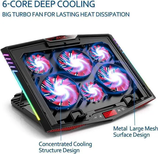 Alt view image 3 of 7 - MeFee RGB Laptop Cooling Pad for 15.6-21 Inch Professional Gaming Laptop Cooler with 6 Quiet Fans and Button Control, Pure Metal Panel Portable Cooler