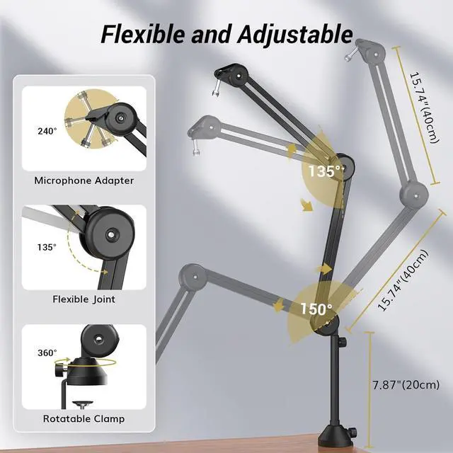 Alt view image 4 of 7 - TONOR Microphone Boom Arm with High Riser, Adjustable Microphone Stand Desk Mic Arm, Extra-large Pop Filter Compatible with Blue Yeti Quadcast Snowball Shure Rode Razer Seiren Elgato Wave T50
