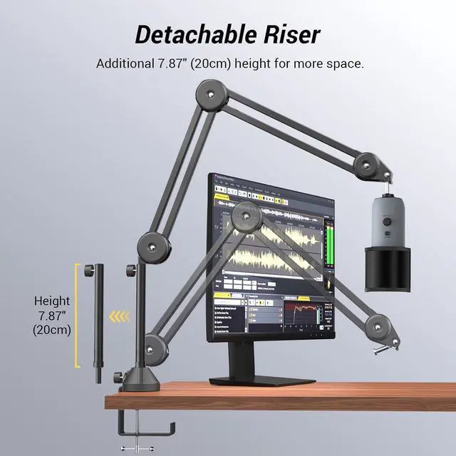 Alt view image 2 of 7 - TONOR Microphone Boom Arm with High Riser, Adjustable Microphone Stand Desk Mic Arm, Extra-large Pop Filter Compatible with Blue Yeti Quadcast Snowball Shure Rode Razer Seiren Elgato Wave T50