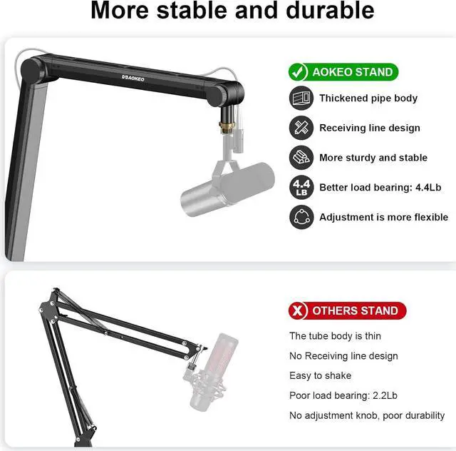 Alt view image 4 of 7 - Aokeo Mic Arm, Boom Arm Microphone Stand Desk with Mount Clamp Cable Management Channels Detachable Riser 5/8" Thread Adapter for Blue Yeti Snowball Hyper X QuadCast SoloCast AT2020 Shure SM7B MV7