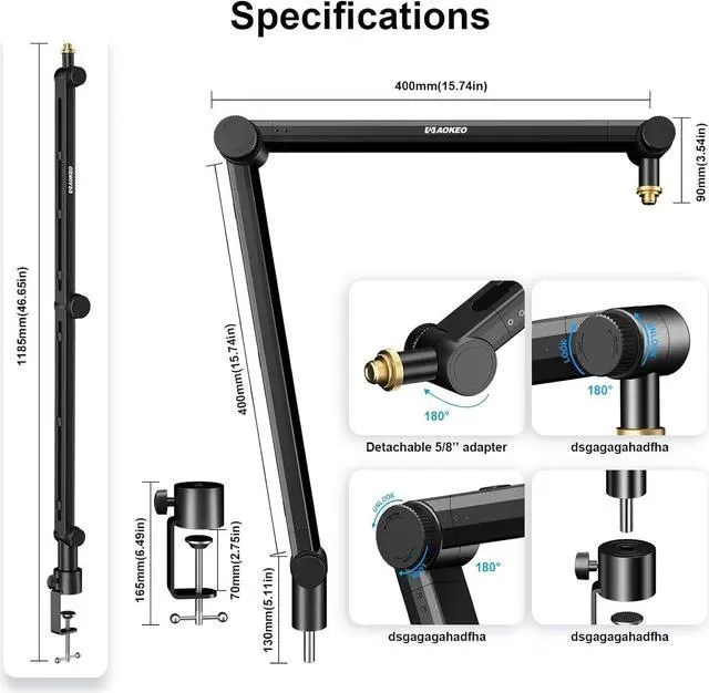 Alt view image 2 of 7 - Aokeo Mic Arm, Boom Arm Microphone Stand Desk with Mount Clamp Cable Management Channels Detachable Riser 5/8" Thread Adapter for Blue Yeti Snowball Hyper X QuadCast SoloCast AT2020 Shure SM7B MV7