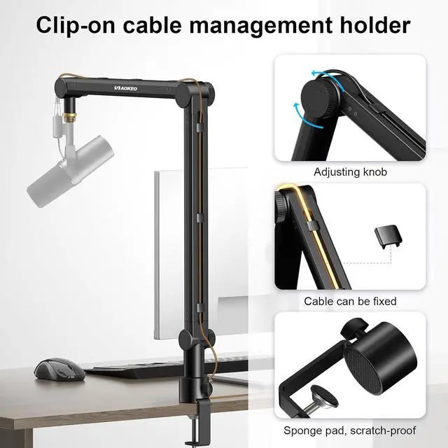 Alt view image 3 of 7 - Aokeo Mic Arm, Boom Arm Microphone Stand Desk with Mount Clamp Cable Management Channels Detachable Riser 5/8" Thread Adapter for Blue Yeti Snowball Hyper X QuadCast SoloCast AT2020 Shure SM7B MV7