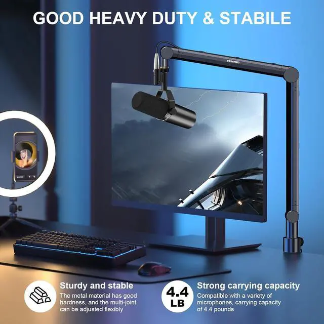 Alt view image 5 of 7 - Aokeo Mic Arm, Boom Arm Microphone Stand Desk with Mount Clamp Cable Management Channels Detachable Riser 5/8" Thread Adapter for Blue Yeti Snowball Hyper X QuadCast SoloCast AT2020 Shure SM7B MV7