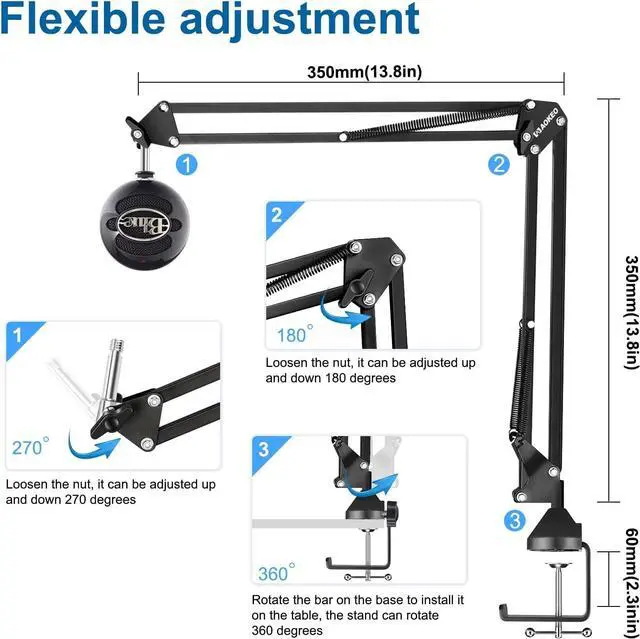 Alt view image 3 of 7 - Microphone Arm,Aokeo AK-35 Microphone Desk Stand-Microphone Suspension Boom Scissor Arm Stand For Blue Yeti,Blue Snowball iCE,QuadCast,Elgato