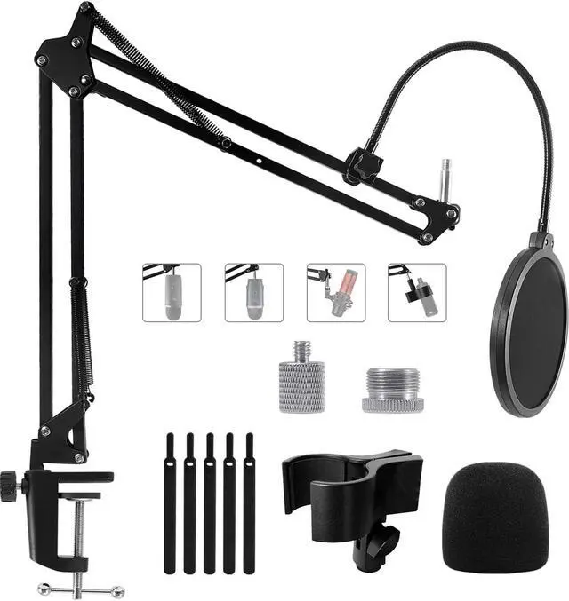 Main image of Microphone Stand for Blue Yeti, HyperX QuadCast, Yeti Nano, Snowball and Other Mic, Adjustable Suspension Boom Arm Desk Stand with 3/8"to 5/8" 1/4" Screw, Pop Filter, Mic Clip Holder, Cable Ties