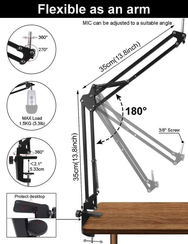 Alt view image 6 of 7 - Microphone Stand for Blue Yeti, HyperX QuadCast, Yeti Nano, Snowball and Other Mic, Adjustable Suspension Boom Arm Desk Stand with 3/8"to 5/8" 1/4" Screw, Pop Filter, Mic Clip Holder, Cable Ties