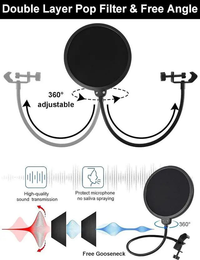 Alt view image 2 of 7 - Microphone Stand for Blue Yeti, HyperX QuadCast, Yeti Nano, Snowball and Other Mic, Adjustable Suspension Boom Arm Desk Stand with 3/8"to 5/8" 1/4" Screw, Pop Filter, Mic Clip Holder, Cable Ties