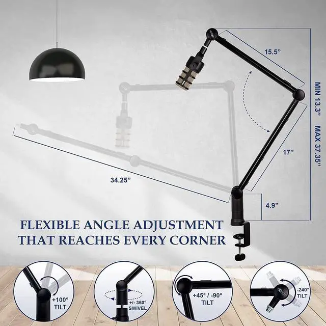 Alt view image 3 of 7 - IXTECH Boom Arm - Adjustable 360° Rotatable Microphone Arm - Sturdy Stainless Steel Mic Arm Desk, Table Stand - Foldable Scissor Arm - Stable Microphone Mount Arms for Radio Studio, Podcast, Gaming