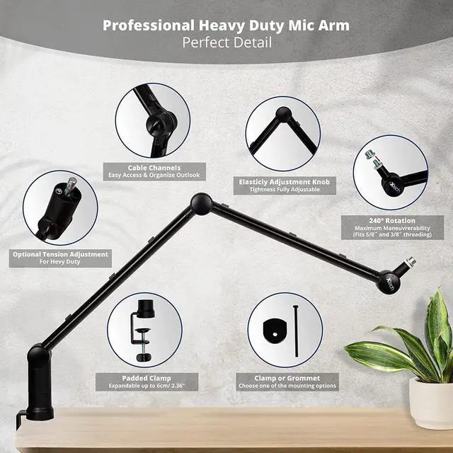 Alt view image 4 of 7 - IXTECH Boom Arm - Adjustable 360° Rotatable Microphone Arm - Sturdy Stainless Steel Mic Arm Desk, Table Stand - Foldable Scissor Arm - Stable Microphone Mount Arms for Radio Studio, Podcast, Gaming