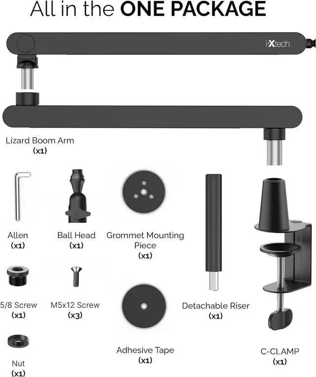 Alt view image 2 of 7 - IXTECH Mic Arm Desk Mount, Low Profile Boom Arm, Adjustable Microphone Arm with Detachable Rise Column and Built-In Cable Management, 360° Swivel Mic Boom Arm for Streaming and Recording LIZARD Model.
