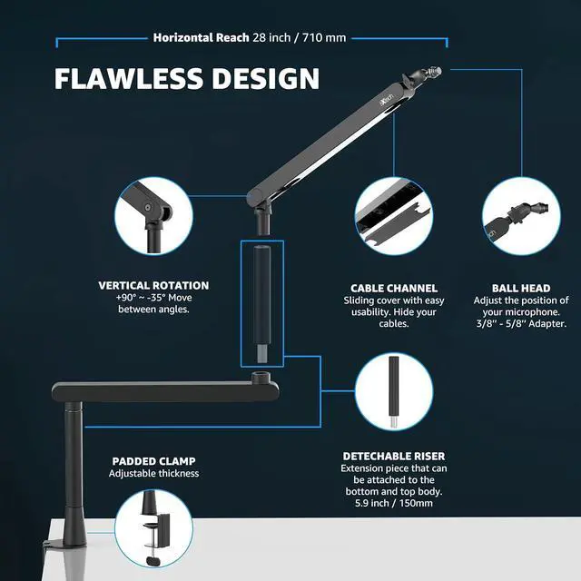 Alt view image 5 of 7 - IXTECH Mic Arm Desk Mount, Low Profile Boom Arm, Adjustable Microphone Arm with Detachable Rise Column and Built-In Cable Management, 360° Swivel Mic Boom Arm for Streaming and Recording LIZARD Model.