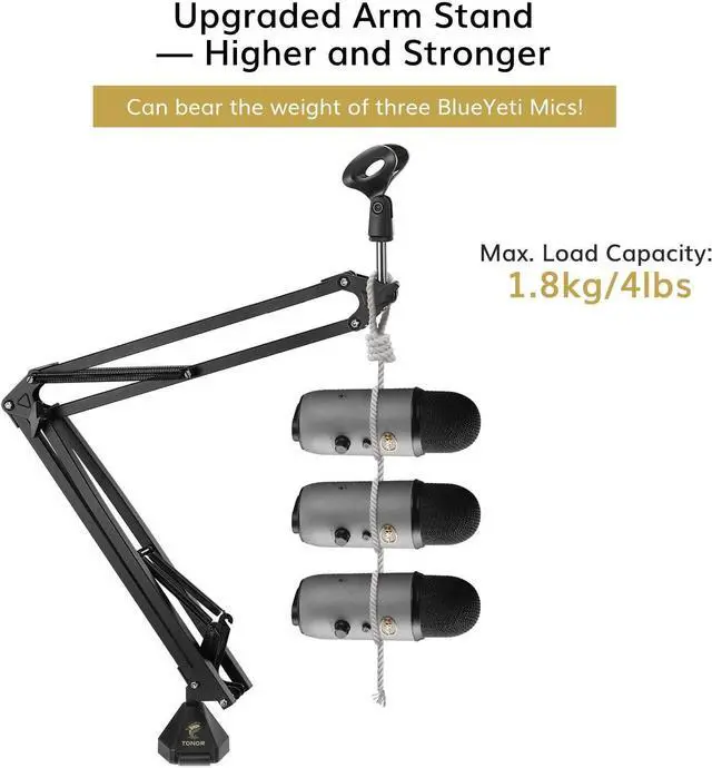 Alt view image 6 of 7 - Microphone Arm Stand, TONOR Adjustable Suspension Boom Scissor Mic Stand with Pop Filter, 3/8" to 5/8" Adapter, Mic Clip, Upgraded Heavy Duty Clamp Compatible With Blue Yeti Nano Snowball Ice(T20)