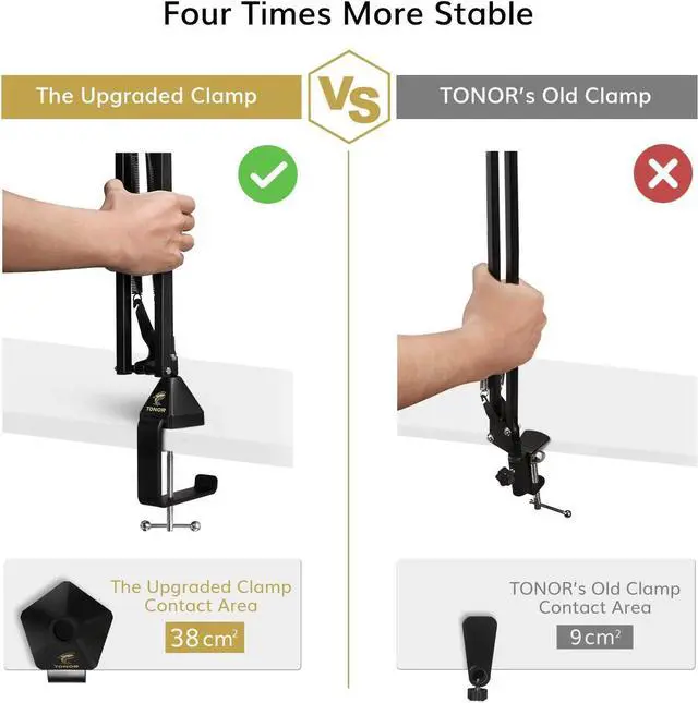 Alt view image 5 of 7 - Microphone Arm Stand, TONOR Adjustable Suspension Boom Scissor Mic Stand with Pop Filter, 3/8" to 5/8" Adapter, Mic Clip, Upgraded Heavy Duty Clamp Compatible With Blue Yeti Nano Snowball Ice(T20)