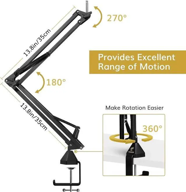Alt view image 2 of 7 - Microphone Arm Stand, TONOR Adjustable Suspension Boom Scissor Mic Stand with Pop Filter, 3/8" to 5/8" Adapter, Mic Clip, Upgraded Heavy Duty Clamp Compatible With Blue Yeti Nano Snowball Ice(T20)
