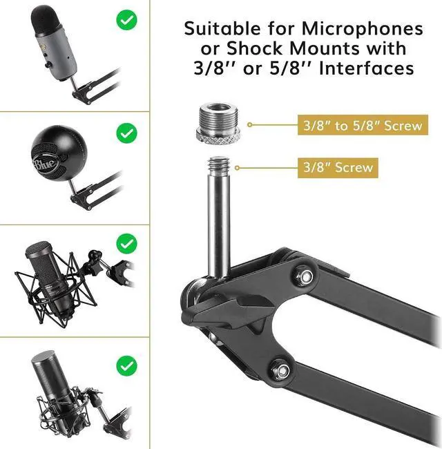 Alt view image 3 of 7 - Microphone Arm Stand, TONOR Adjustable Suspension Boom Scissor Mic Stand with Pop Filter, 3/8" to 5/8" Adapter, Mic Clip, Upgraded Heavy Duty Clamp Compatible With Blue Yeti Nano Snowball Ice(T20)