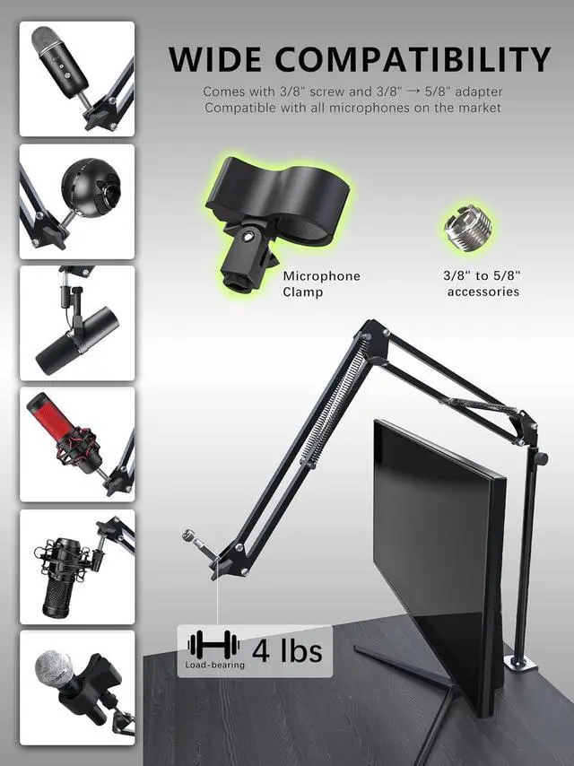 Alt view image 4 of 7 - CACENCAN Boom Arm, 360° Rotatable Microphone Stand with Desk Mount, Foldable Desk Mic Arm with 3/8'' to 5/8'' Screw Adapter, Microphone Arm for Live Streaming, Gaming, Podcasting[15 Inch Heightened]
