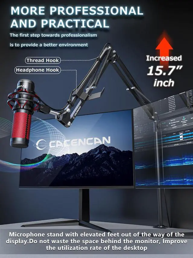 Alt view image 6 of 7 - CACENCAN Boom Arm, 360° Rotatable Microphone Stand with Desk Mount, Foldable Desk Mic Arm with 3/8'' to 5/8'' Screw Adapter, Microphone Arm for Live Streaming, Gaming, Podcasting[15 Inch Heightened]