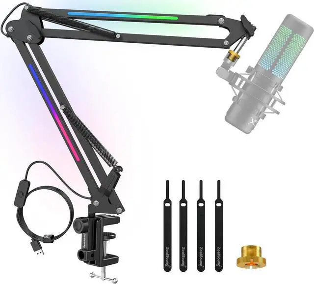Main image of ZealSound Microphone Boom Arm Stand,Mic Arm Desk with RGB Light for QuadCast/Blue Yeti/Snowball/Shure SM7B/Rode NT1/Elgato,Rotatable Suspension Boom Scissor Stand for Gaming Streaming Podcast YouTube