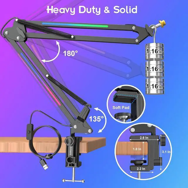 Alt view image 7 of 7 - ZealSound Microphone Boom Arm Stand,Mic Arm Desk with RGB Light for QuadCast/Blue Yeti/Snowball/Shure SM7B/Rode NT1/Elgato,Rotatable Suspension Boom Scissor Stand for Gaming Streaming Podcast YouTube