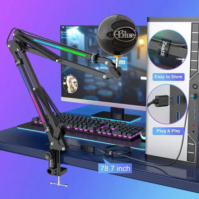 Alt view image 3 of 7 - ZealSound Microphone Boom Arm Stand,Mic Arm Desk with RGB Light for QuadCast/Blue Yeti/Snowball/Shure SM7B/Rode NT1/Elgato,Rotatable Suspension Boom Scissor Stand for Gaming Streaming Podcast YouTube