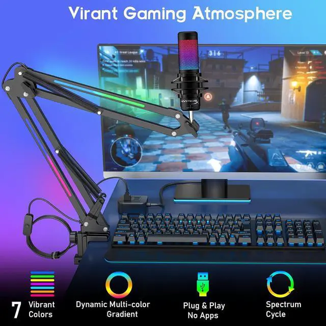 Alt view image 6 of 7 - ZealSound Microphone Boom Arm Stand,Mic Arm Desk with RGB Light for QuadCast/Blue Yeti/Snowball/Shure SM7B/Rode NT1/Elgato,Rotatable Suspension Boom Scissor Stand for Gaming Streaming Podcast YouTube