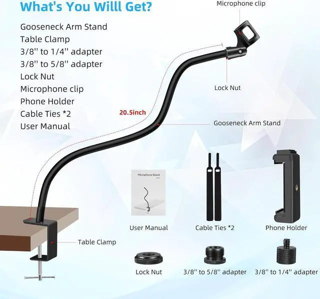 Alt view image 4 of 7 - Prizmora Microphone Arm Stand Long 20.5'' Sturdy Gooseneck Mic Stand Adjustable Microphone Arm Stand Mic Holder Flexible STIFF Mike Stand Black Compact Mic Arm for Desk Traveling