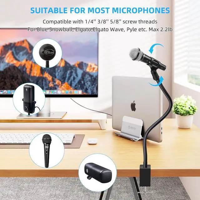 Alt view image 2 of 7 - Prizmora Microphone Arm Stand Long 20.5'' Sturdy Gooseneck Mic Stand Adjustable Microphone Arm Stand Mic Holder Flexible STIFF Mike Stand Black Compact Mic Arm for Desk Traveling