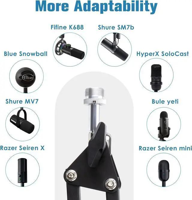 Alt view image 4 of 7 - SUNMON QuadCast Boom Arm Mic Stand, Adjustable Mic Arm with 3/8 to 5/8 Adapter, Metal Microphone Stand Desk for HyperX QuadCast, QuadCast S, Blue Yeti
