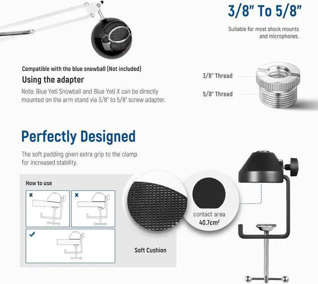 Alt view image 3 of 7 - NEEWER Microphone Arm Stand, Suspension Boom Scissor Mic Arm Stand with 3/8" to 5/8" Screw and Cable Ties Compatible with Blue Yeti Snowball Yeti X Quadcast, etc. Max Load 3.3lb/1.5kg (White)