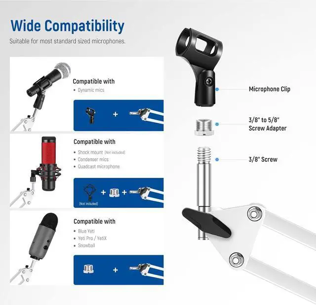 Alt view image 6 of 7 - NEEWER Microphone Arm Stand, Suspension Boom Scissor Mic Arm Stand with 3/8" to 5/8" Screw and Cable Ties Compatible with Blue Yeti Snowball Yeti X Quadcast, etc. Max Load 3.3lb/1.5kg (White)