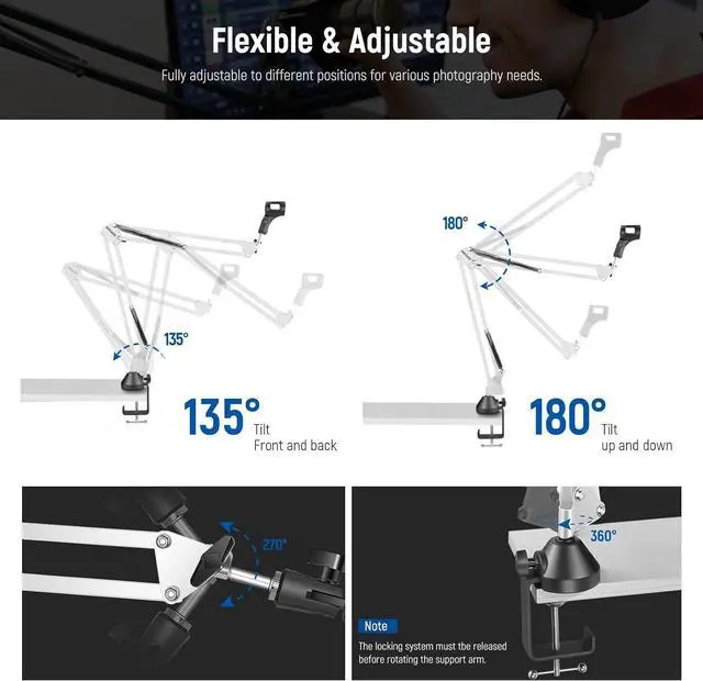 Alt view image 5 of 7 - NEEWER Microphone Arm Stand, Suspension Boom Scissor Mic Arm Stand with 3/8" to 5/8" Screw and Cable Ties Compatible with Blue Yeti Snowball Yeti X Quadcast, etc. Max Load 3.3lb/1.5kg (White)