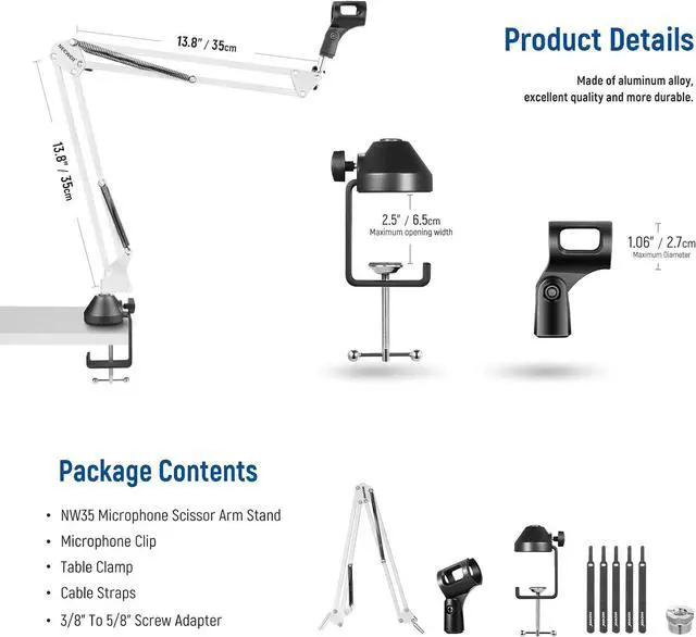 Alt view image 7 of 7 - NEEWER Microphone Arm Stand, Suspension Boom Scissor Mic Arm Stand with 3/8" to 5/8" Screw and Cable Ties Compatible with Blue Yeti Snowball Yeti X Quadcast, etc. Max Load 3.3lb/1.5kg (White)