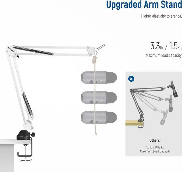 Alt view image 2 of 7 - NEEWER Microphone Arm Stand, Suspension Boom Scissor Mic Arm Stand with 3/8" to 5/8" Screw and Cable Ties Compatible with Blue Yeti Snowball Yeti X Quadcast, etc. Max Load 3.3lb/1.5kg (White)