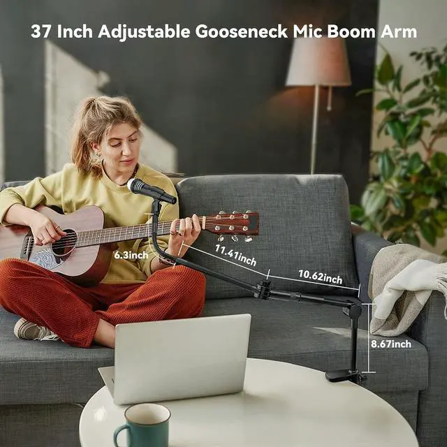 Alt view image 7 of 7 - Microphone Stand, 37" Adjustable Gooseneck Mic Boom Arm with 5/8" & 1/4" Adapter, Shock Mount, Mic Clip Holder, Max Load 3LB Desk Mount Suspension Boom for Blue Yeti Nano Snowball Ice and Other Mics