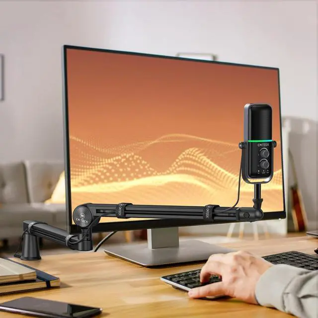 Alt view image 5 of 7 - CMTECK Microphone Boom Arm, 2 Extended Risers, Premium Low Profile Microphone with Cable Management, 360° Rotatable Boom Arm, Sturdy Aluminum Mic Desk for Blue Yeti Shure