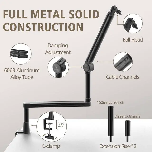 Alt view image 3 of 7 - CMTECK Microphone Boom Arm, 2 Extended Risers, Premium Low Profile Microphone with Cable Management, 360° Rotatable Boom Arm, Sturdy Aluminum Mic Desk for Blue Yeti Shure