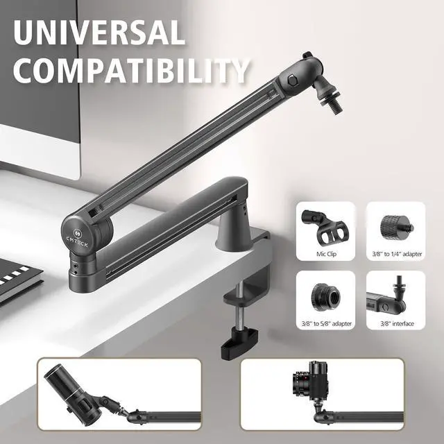 Alt view image 2 of 7 - CMTECK Microphone Boom Arm, 2 Extended Risers, Premium Low Profile Microphone with Cable Management, 360° Rotatable Boom Arm, Sturdy Aluminum Mic Desk for Blue Yeti Shure
