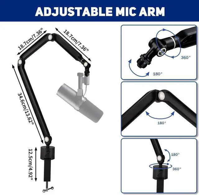 Alt view image 3 of 7 - Facmogu Black Overhead Mic Boom Arm Stand, 360° Rotatable Freely Adjustable Microphone Scissor Arm Stand with Metal Clamp, Mic Boom Arm with Desk Mount for Podcast, Video Gaming, Radio, Studio