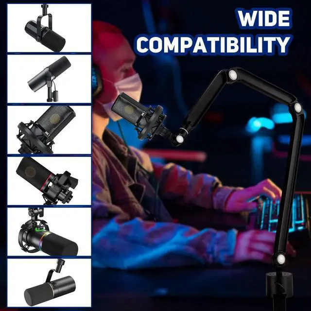 Alt view image 5 of 7 - Facmogu Black Overhead Mic Boom Arm Stand, 360° Rotatable Freely Adjustable Microphone Scissor Arm Stand with Metal Clamp, Mic Boom Arm with Desk Mount for Podcast, Video Gaming, Radio, Studio