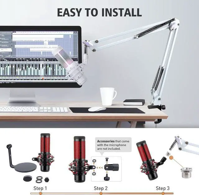 Alt view image 7 of 7 - SUNMON QuadCast Boom Arm Mic Stand with Foam Cover, Adjustable White Microphone Arm Stand for HyperX QuadCast, QuadCast S
