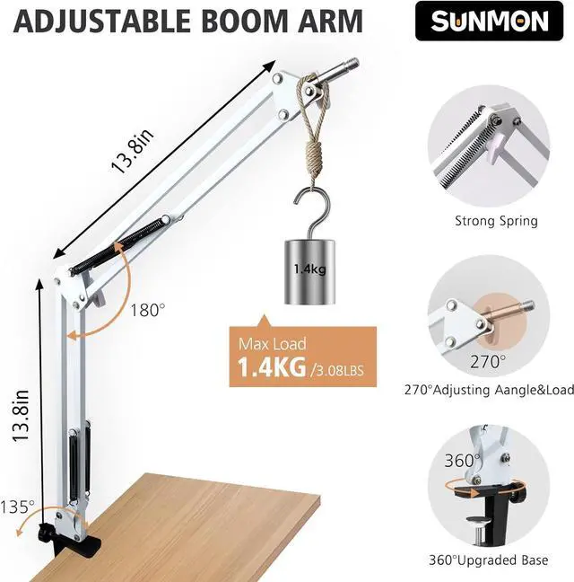 Alt view image 6 of 7 - SUNMON QuadCast Boom Arm Mic Stand with Foam Cover, Adjustable White Microphone Arm Stand for HyperX QuadCast, QuadCast S