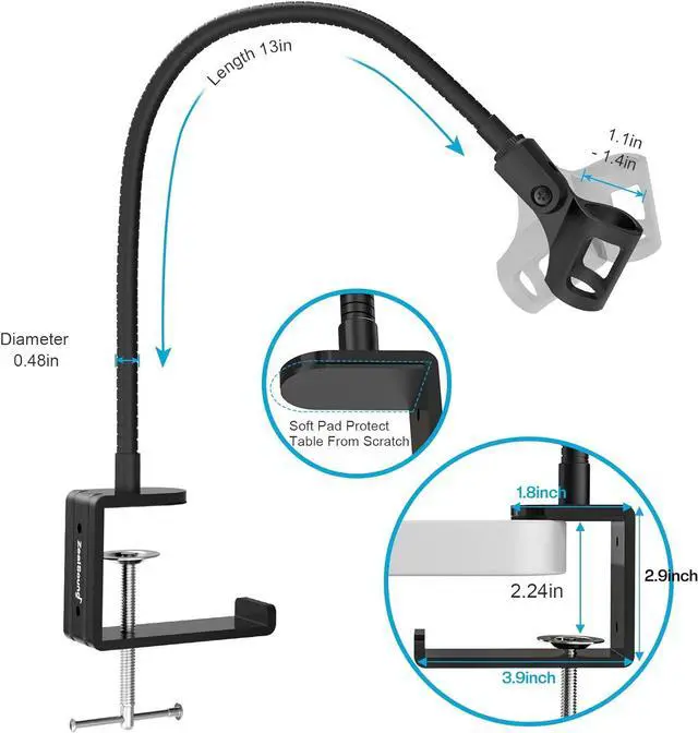 Alt view image 6 of 7 - ZealSound Microphone Stand Arm,Adjustable Gooseneck Desktop Mic Stands Holder Desk Mic Arm with Heavy Duty Desk Clamp,3/8" to 5/8" Screw,Mic Clip Holder,Boom arm,for Blue Snowball Ice Spark(13 Inch)