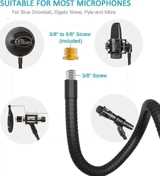 Alt view image 5 of 7 - ZealSound Microphone Stand Arm,Adjustable Gooseneck Desktop Mic Stands Holder Desk Mic Arm with Heavy Duty Desk Clamp,3/8" to 5/8" Screw,Mic Clip Holder,Boom arm,for Blue Snowball Ice Spark(13 Inch)