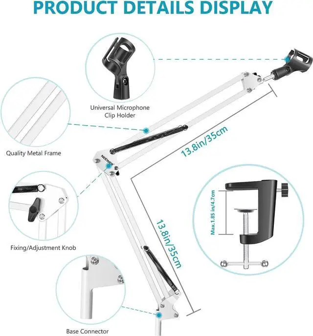 Alt view image 5 of 7 - NEEWER Adjustable Microphone Suspension Boom Scissor Arm Stand, Max Load 1 KG Mic Stand for Radio Broadcasting, Voice-Over, Stage and TV Stations, Compatible with Blue Yeti Snowball Yeti X,etc (White)